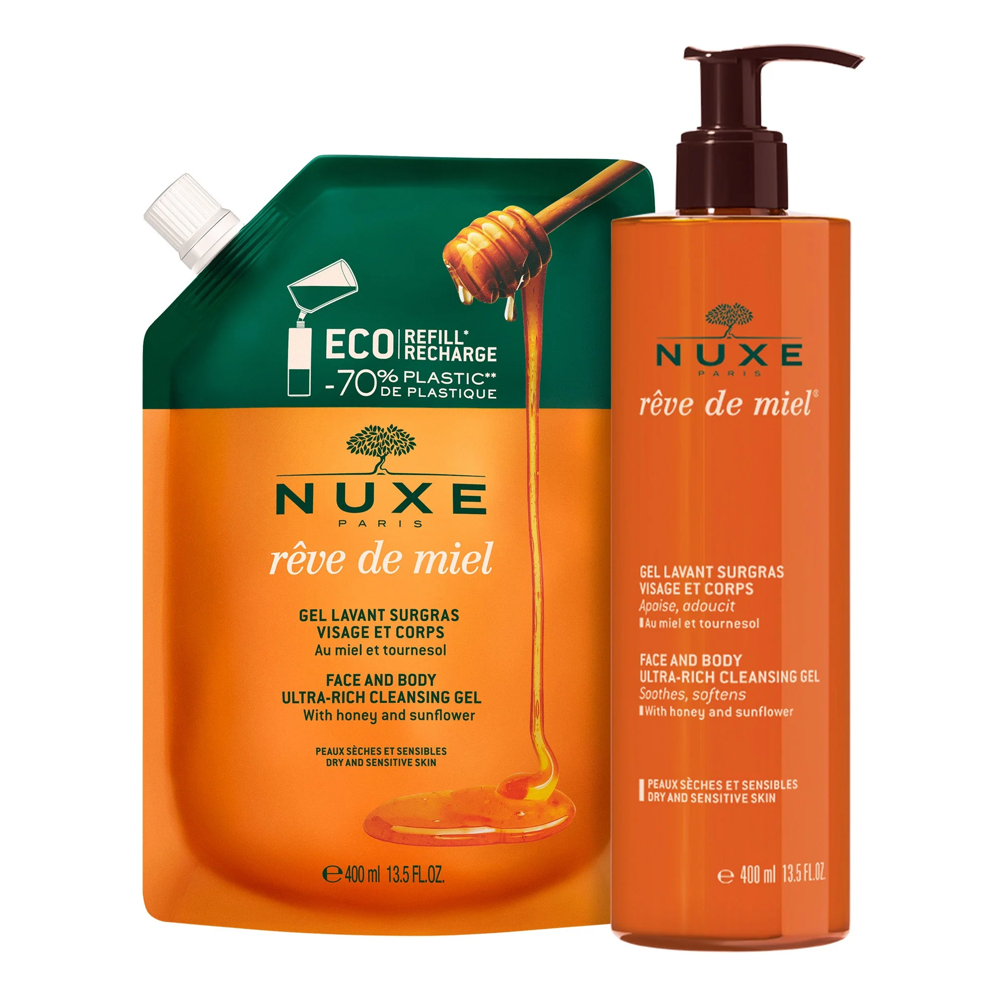 Rückfettendes Reinigungsgel Gesicht und Körper & Nachfüllpackung, Rêve de Miel®
